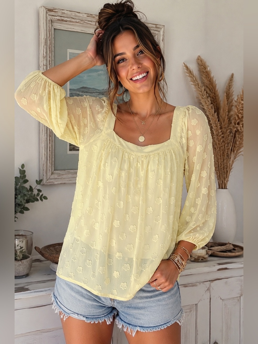 LC Lauren Conrad M Yellow Swiss Dot Floral Sheer Sleeve Boho Blouse